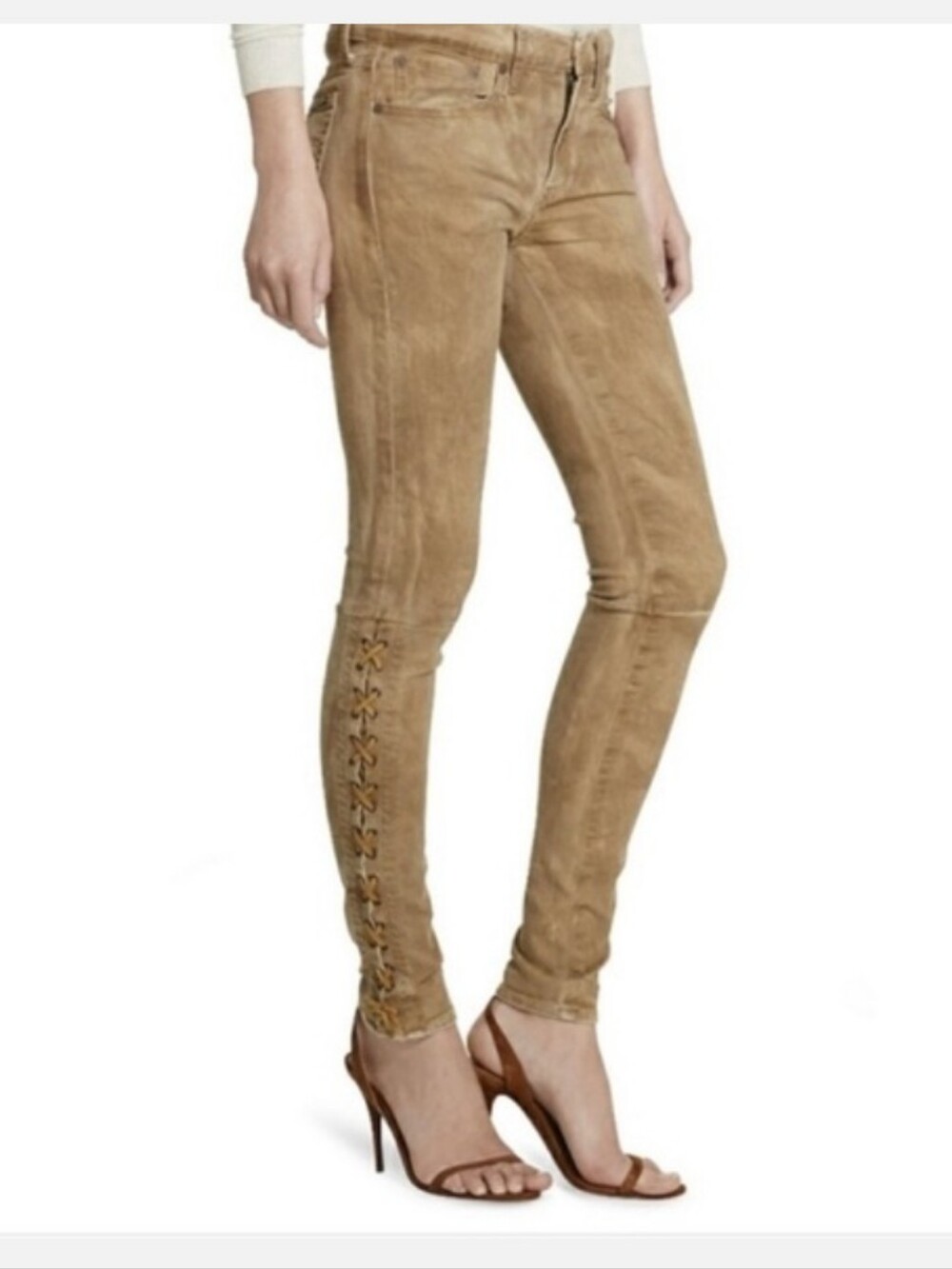 Polo Ralph Lauren Tompkins Skinny Lace-Up Jeans Tan Distressed Patina Size 27